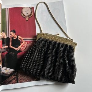 Whiting & Davis Co. Bag Black Bead and Gold Metal Mesh Vintage Evening Bag